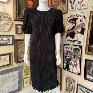 80s Vintage Talbots Black Pleated Midi Dress With Puff Sleeves Size XL